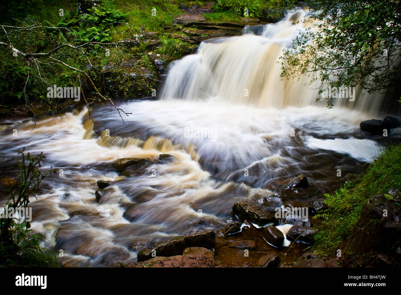 Waterfall heading towards Talybont Reservoir near Talybont-on-Usk in the Brecon Beacons. Stock Photo