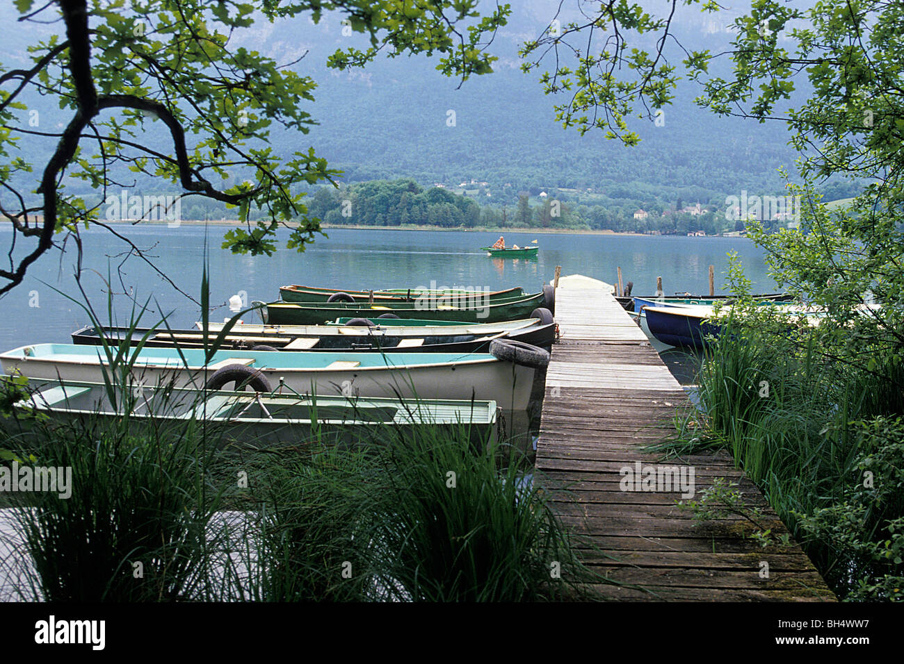 SMALL BOATS, PORT OF SAINT-ALBAN DE MONTBEL, AIGUEBELETTE LAKE, SAVOY (73), FRANCE Stock Photo