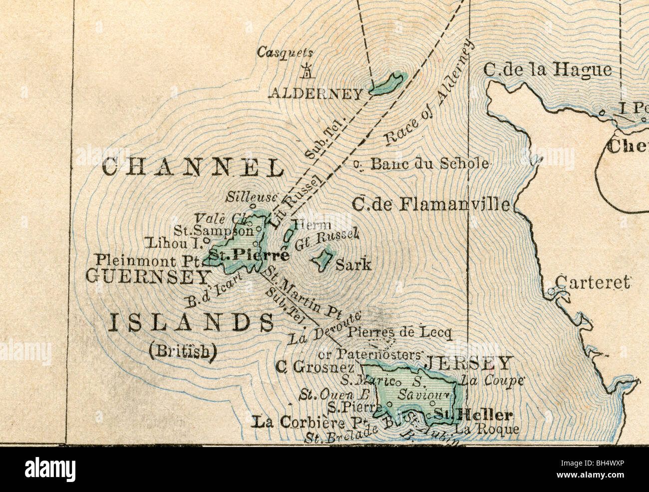 Old map of Channel Islands from original geography textbook, 1884 Stock Photo