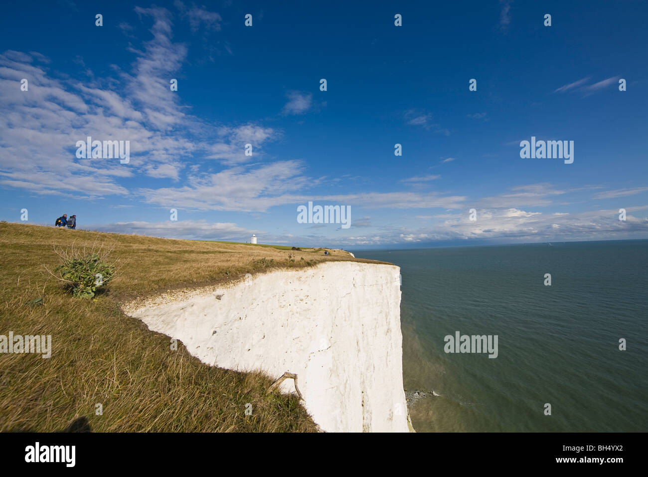 Hillwalking on the white cliffs along the coast of Dover. Stock Photo