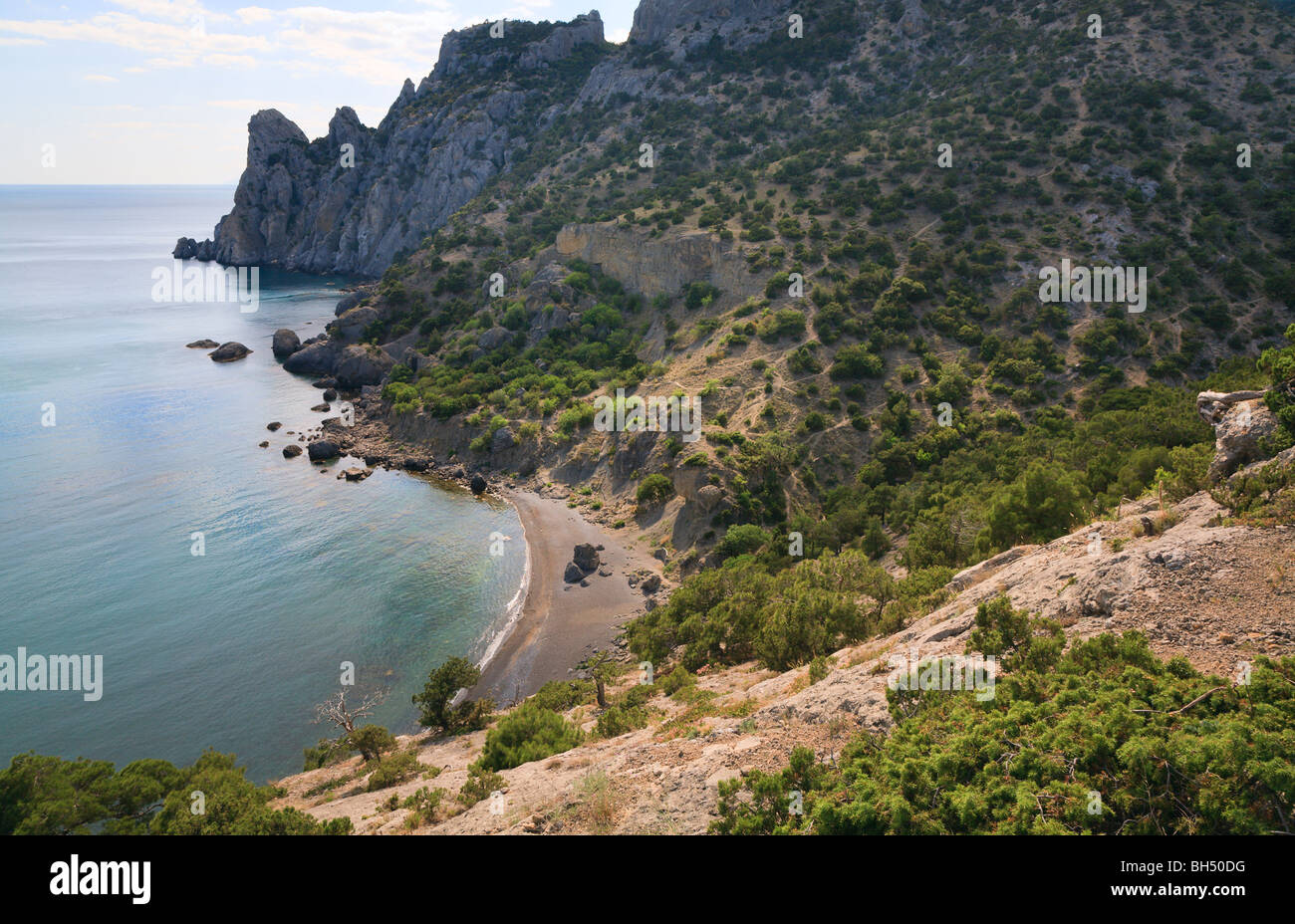 rocky coastline (Crimea, Ukraine, 'Novyj Svit' reserve, 'Rhinoceros' cape, 'Tsarist beach'). Stock Photo