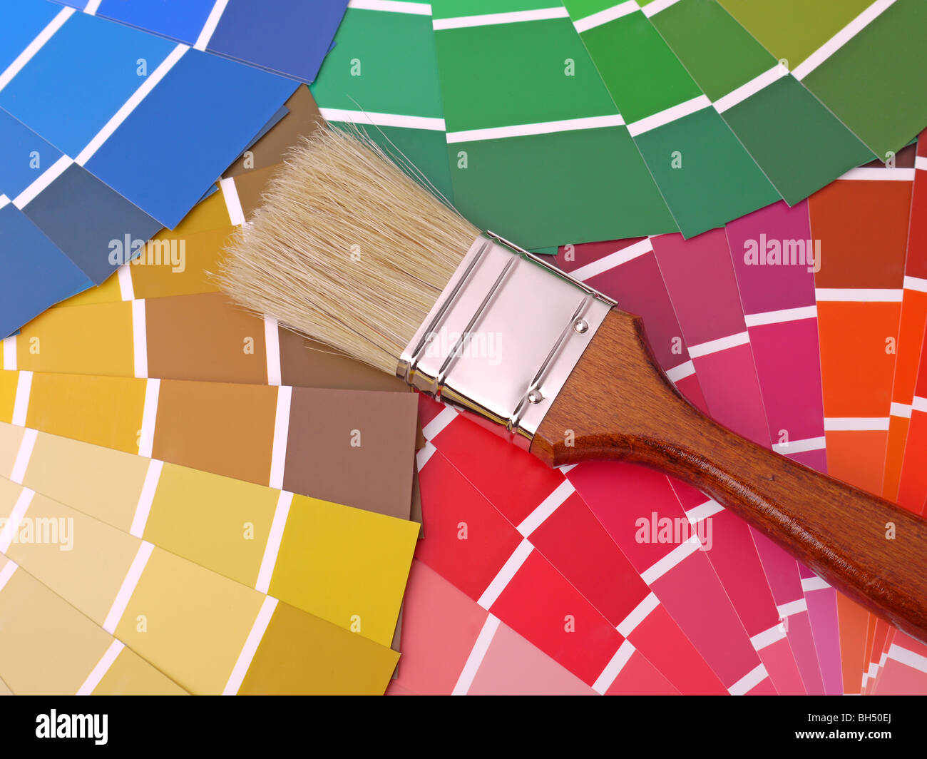 Paint brush on array of different paint color swatches Stock Photo