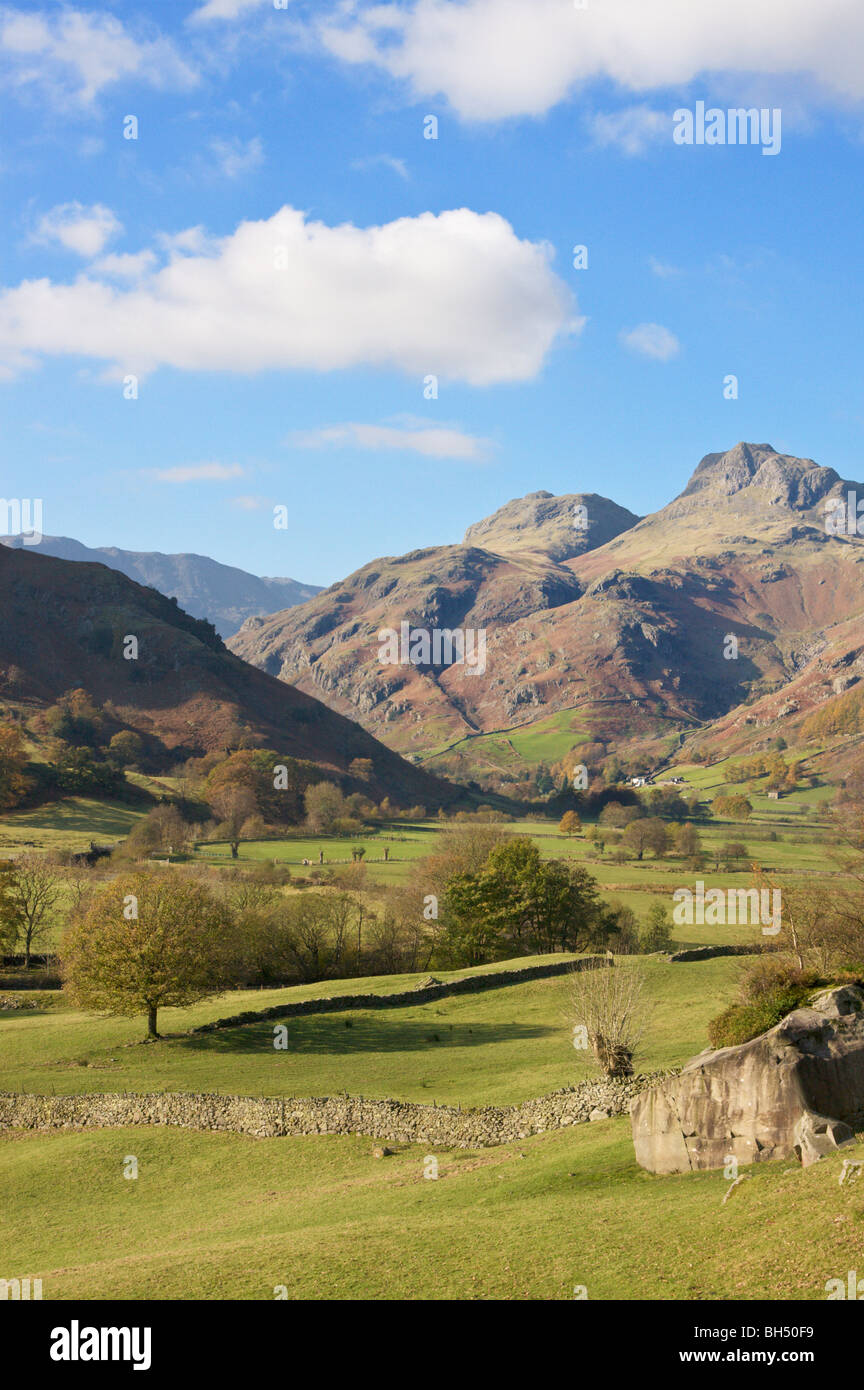 View of Great Langdale and the Langdale Pikes in the Lake District. Stock Photo