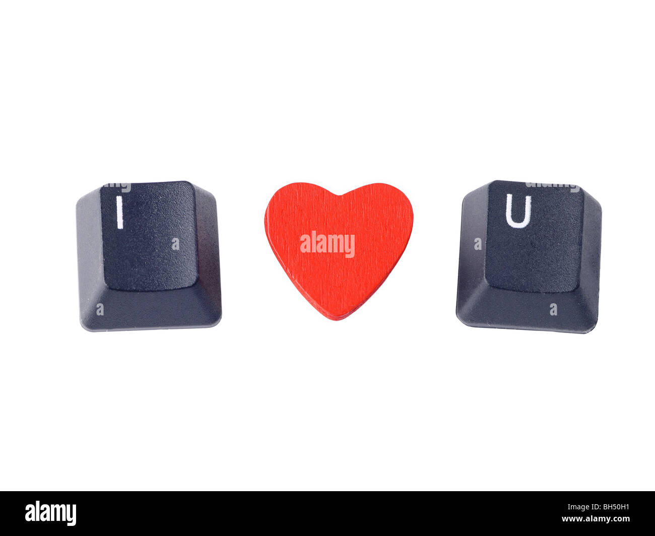 I Love You acronym arranged from computer keyboard keys I and U and red heart shape isolated on white Stock Photo