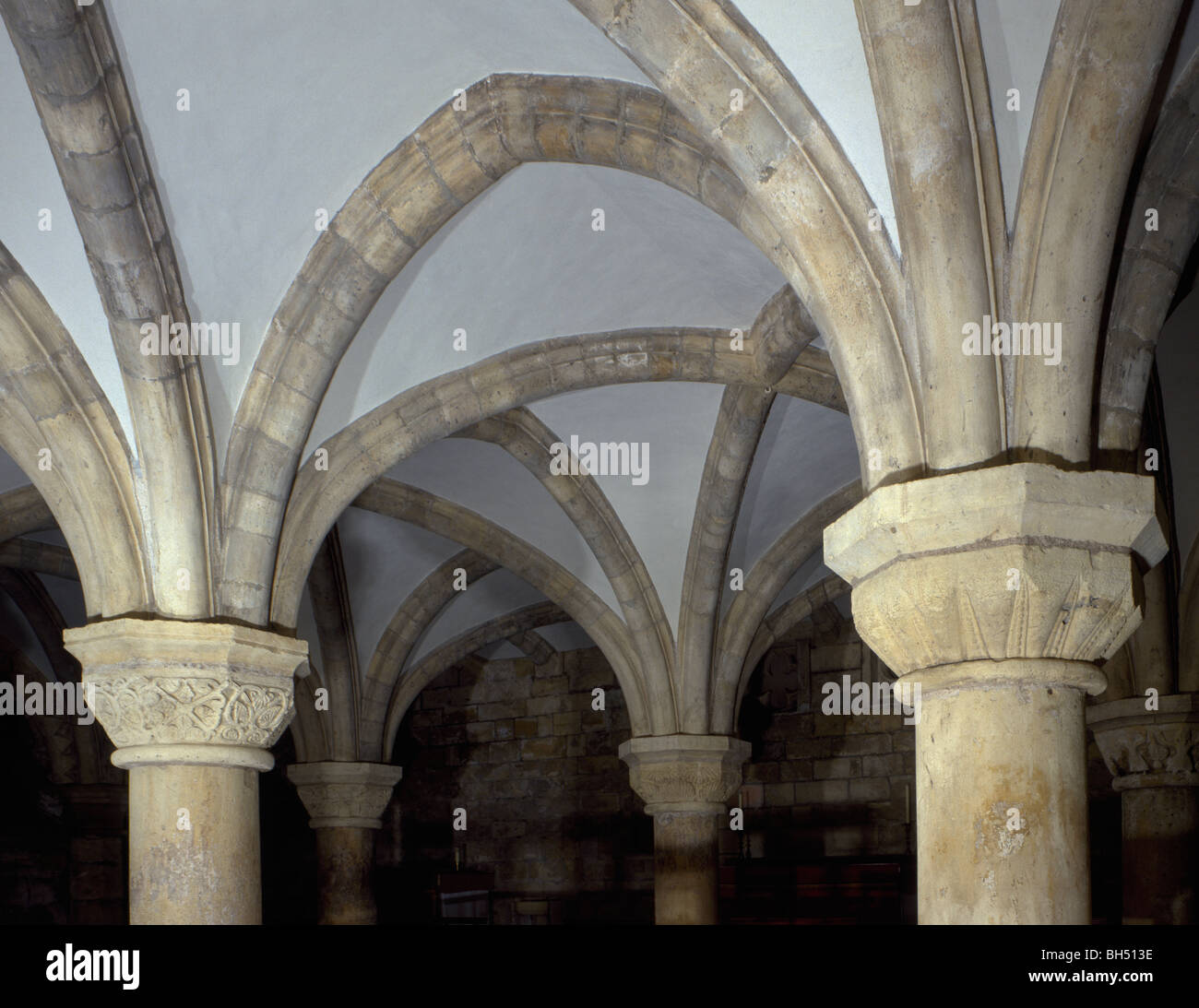 York Minster, lesser capitals from Archbishop Roger's choir, c. 1160, re-used in the eastern crypt. Stock Photo