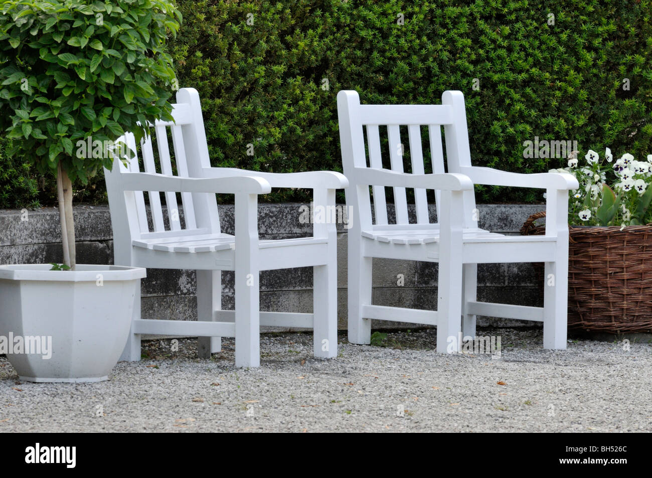 Garden chairs with potted plants Stock Photo