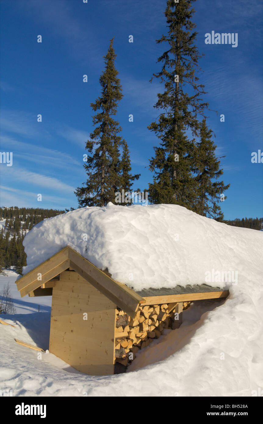 Firewood shelter in snowdrift. Stock Photo