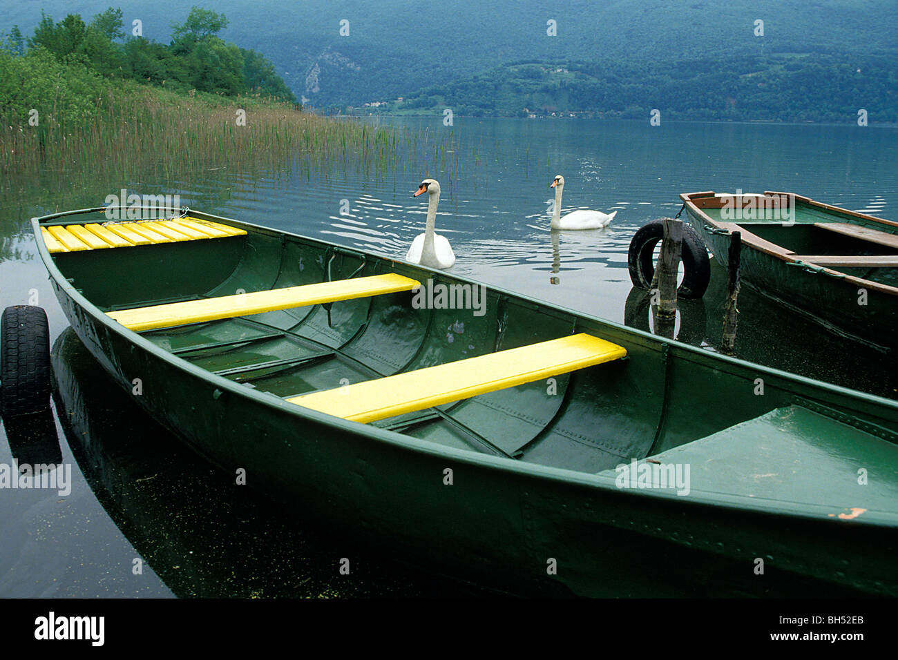 SMALL BOATS, PORT OF SAINT-ALBAN DE MONTBEL, AIGUEBELETTE LAKE, SAVOY (73), FRANCE Stock Photo