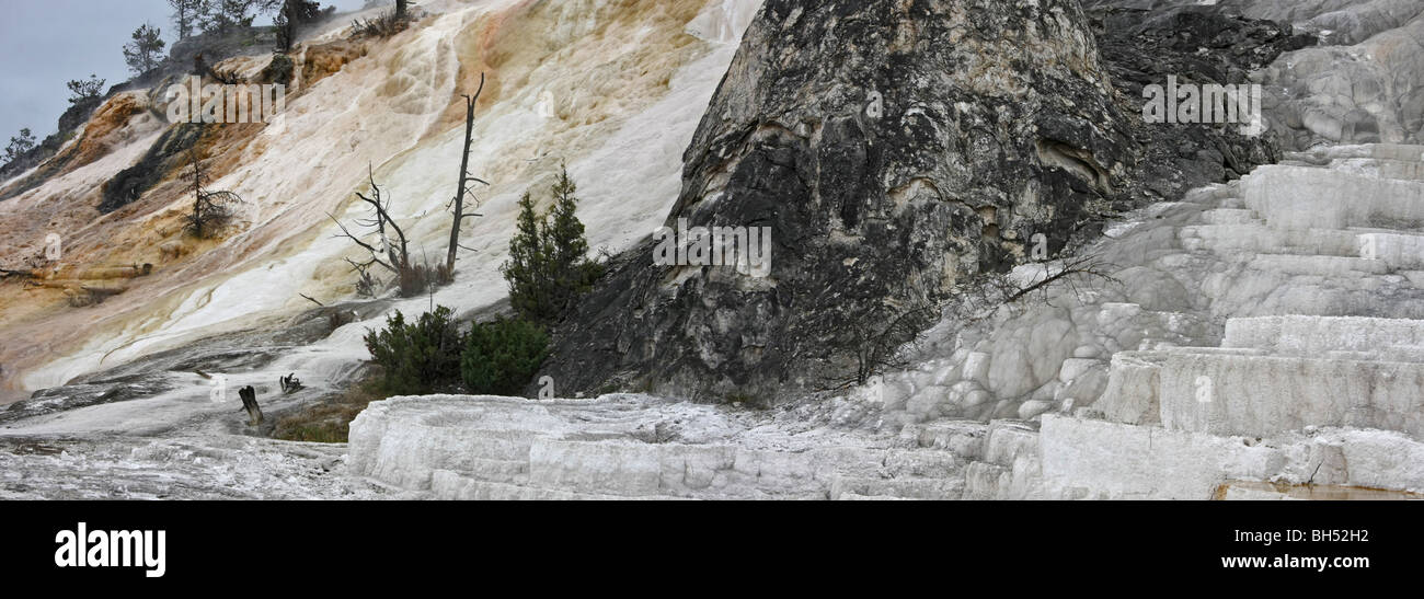 Panoramic of the travertine terraces, Mammoth Hot Springs, Yellowstone National Park Stock Photo