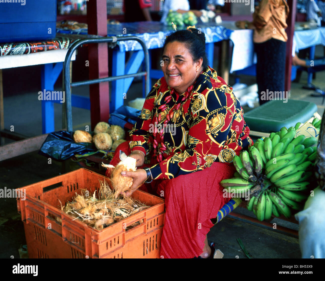 Woman selling fruit in market, Nuku'alofa, Tongatapu, Kingdom of Tonga Stock Photo