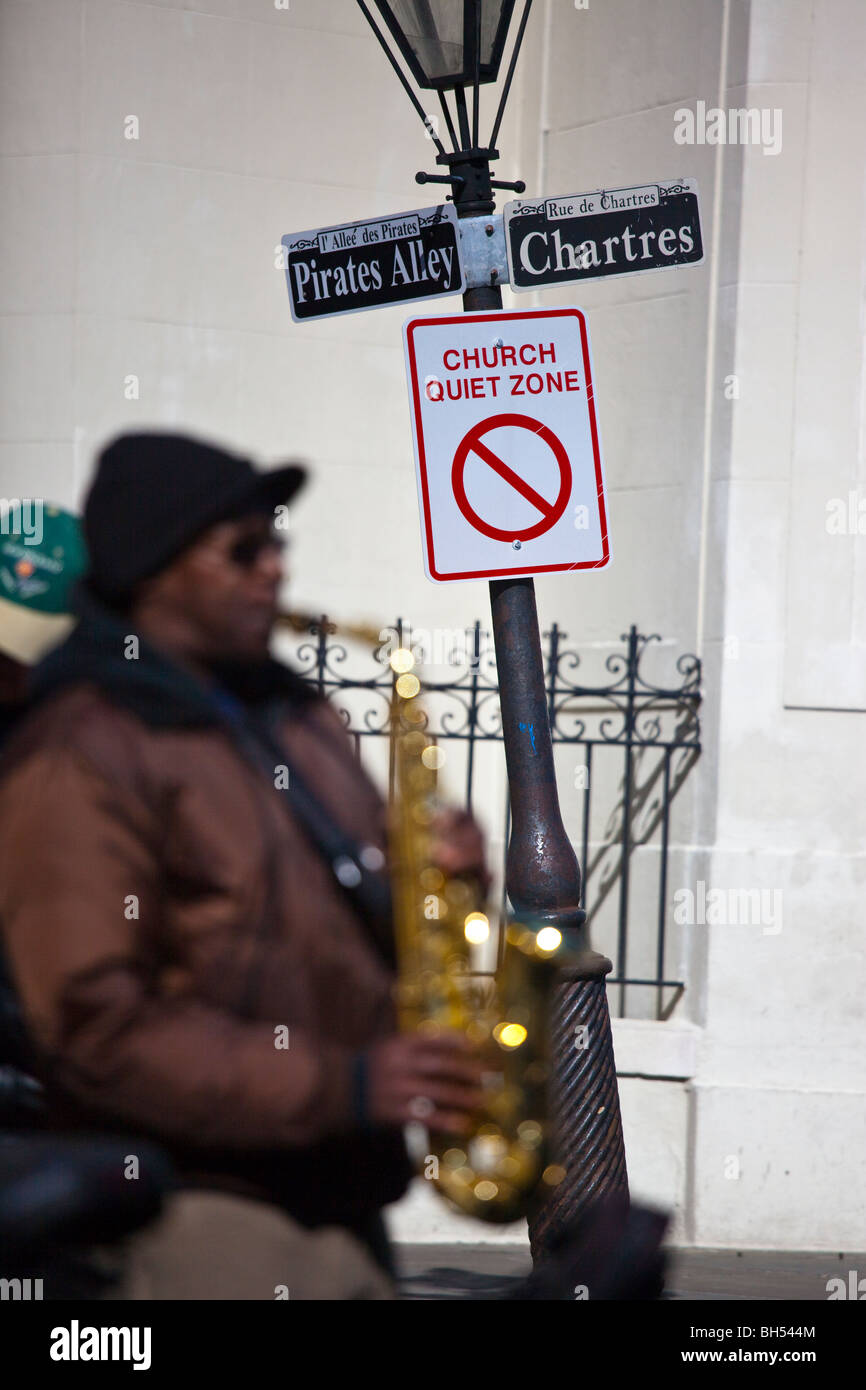 Saxophone player in front of St Louis Catherdal in the French Quarter of New Orleans, LA Stock Photo