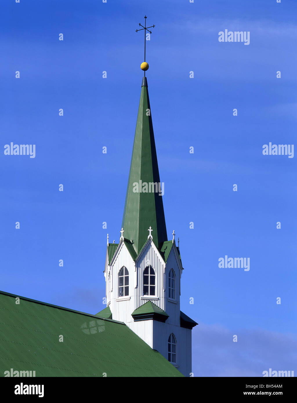 Frikirkjan Lutheran Church spire, Bernhoftstorfan, Reykjavik, Capital Region, Republic of Iceland Stock Photo