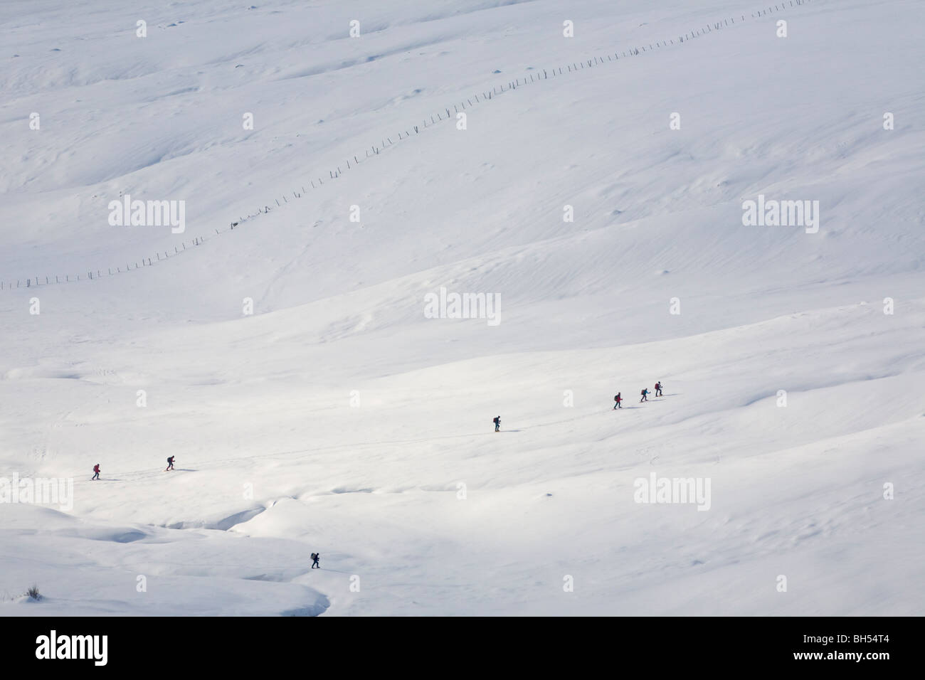 A group of snowshoe hikers walking in line in Winter (Auvergne-France). Groupe de randonneurs se déplaçant en raquettes l'hiver. Stock Photo