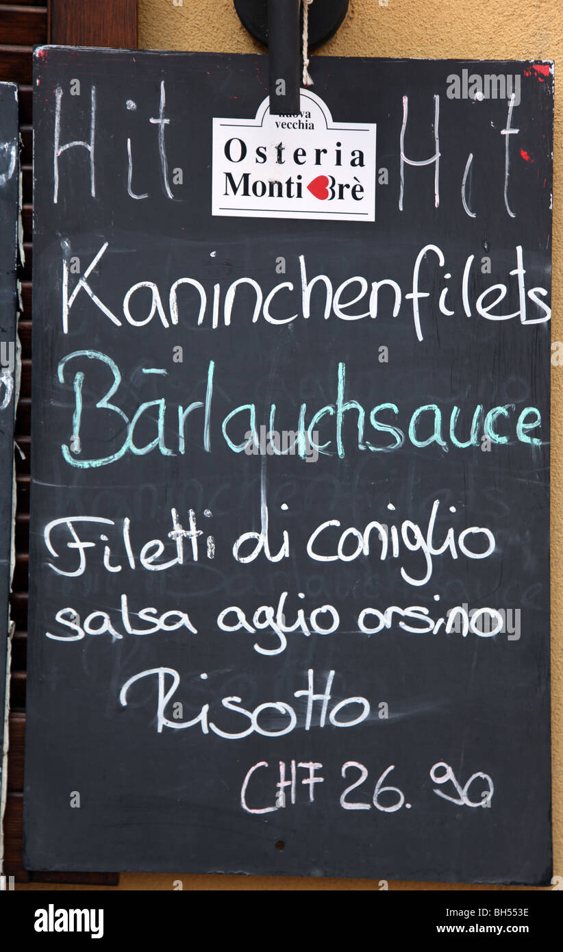 Blackboard menu, Monte Bre, Lake Lugano, Ticino, Switzerland Stock Photo