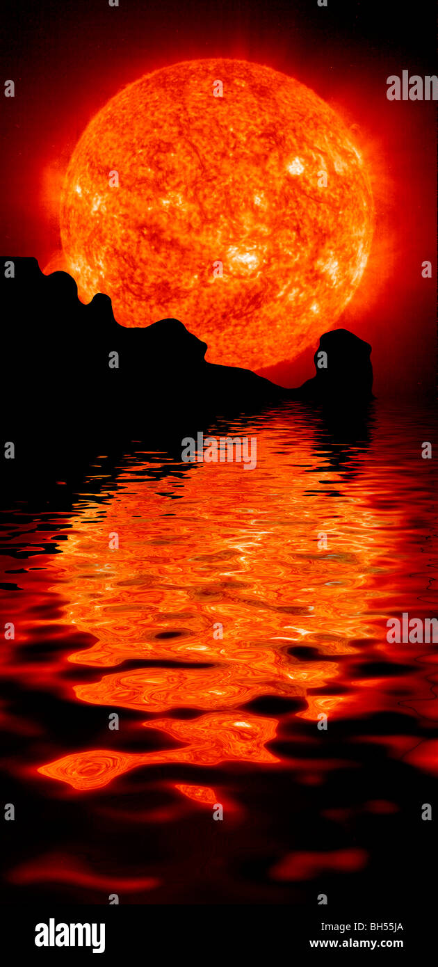 Sun reflected in prehistoric lake and huge rocks Stock Photo