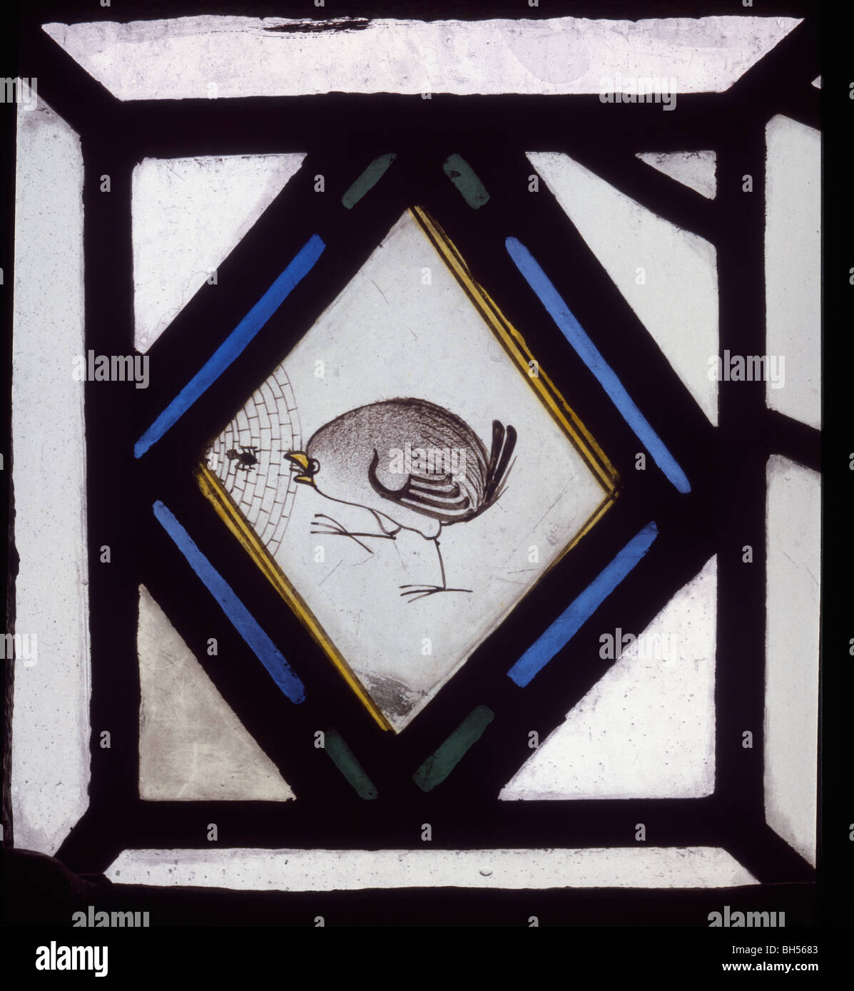 York Minster stained glass panel in the Zouche chapel, medieval. Bird and spider in web Stock Photo
