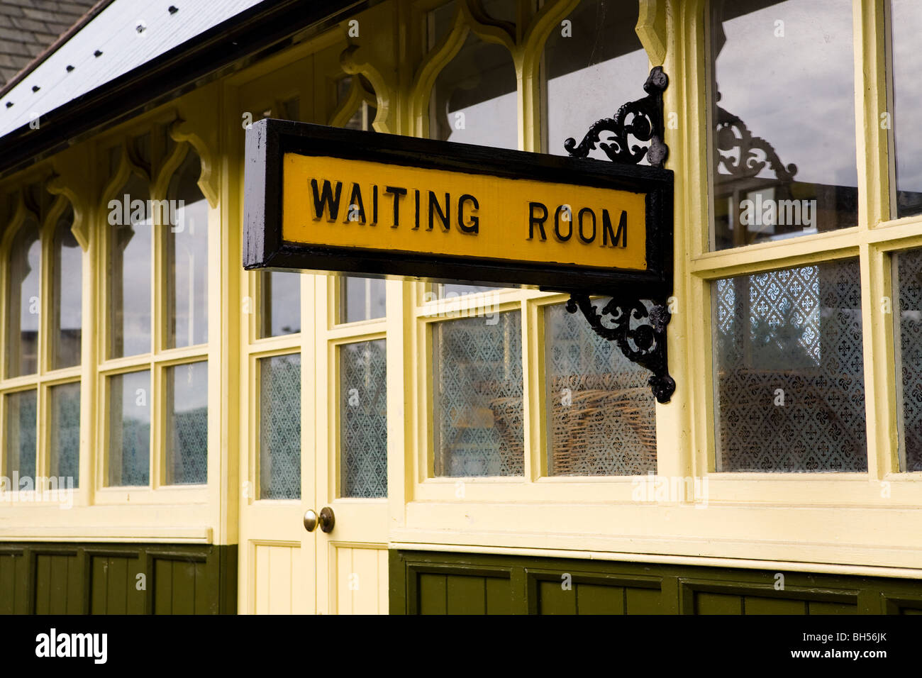Waiting Room and sign Embsay Station, Embsay & Bolton Abbey Steam Railway, Yorkshire Dales, England Stock Photo