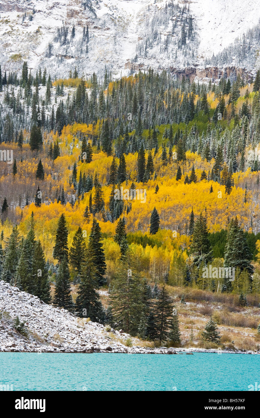 View of golden Aspen during the fall season at the Maroon Lake, CO. The lake is in the foreground & the Maroon Bells behind. Stock Photo