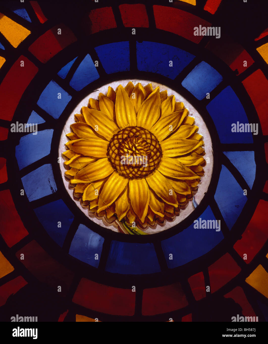 York Minster, south transept rose window, sunflower at the center, by the York glass painter, William Peckitt, Mid 18th Center Stock Photo
