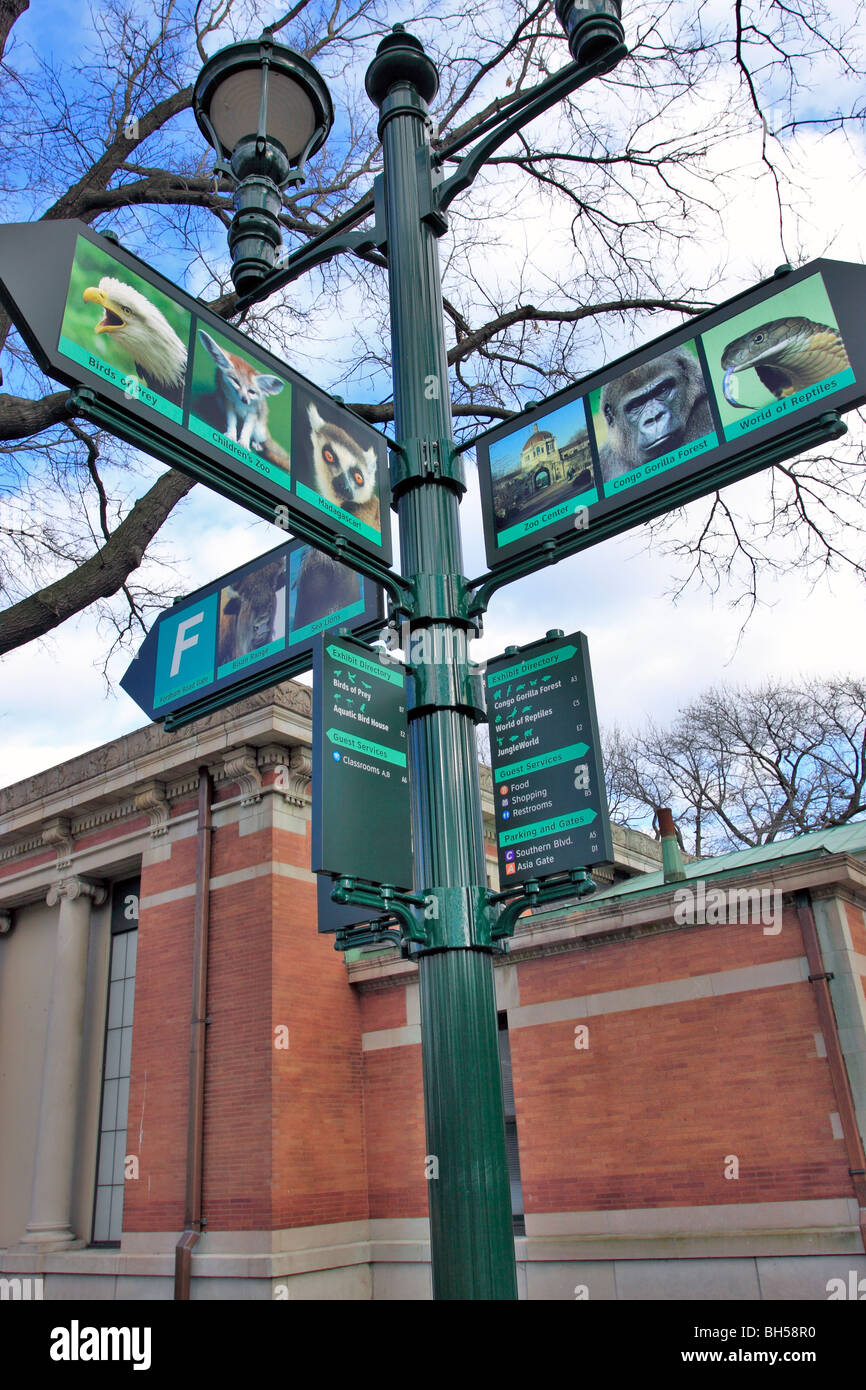 Signs pointing directions to various exhibits and buildings, Bronx Zoo, New York City Stock Photo
