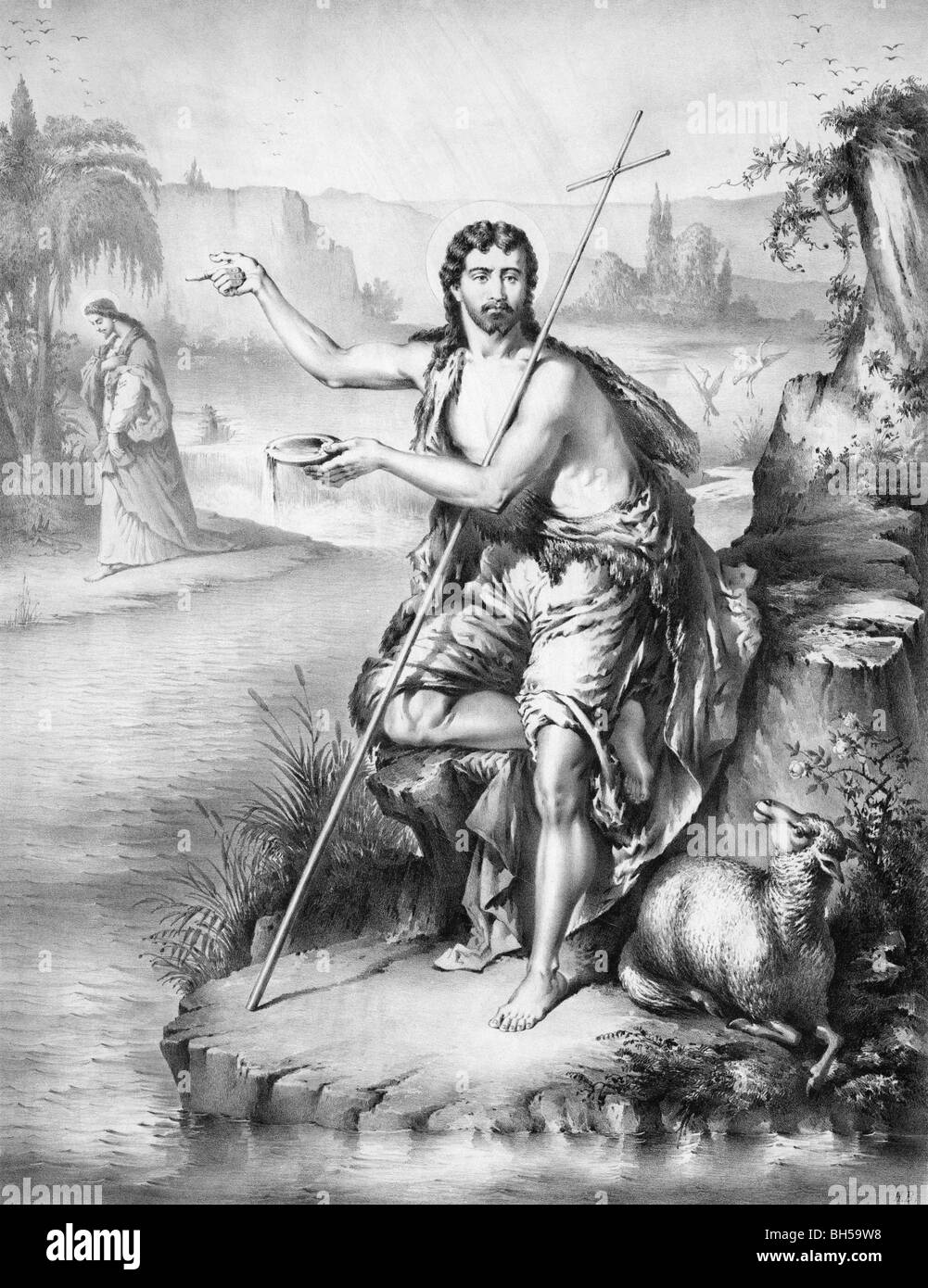 Portrait print circa 1872 of John the Baptist on the banks of the River Jordan with Jesus Christ in the background. Stock Photo