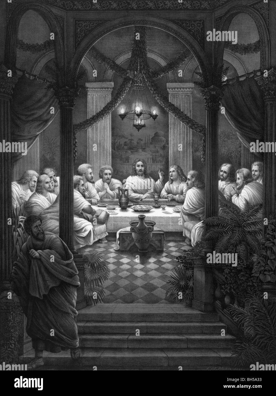 Print circa 1886 showing the Last Supper of Jesus Christ and his disciples as depicted in the Gospels. Stock Photo