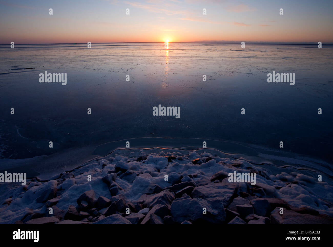 Last rays of sun reflecting from the new pristine sea ice skim layer at ...