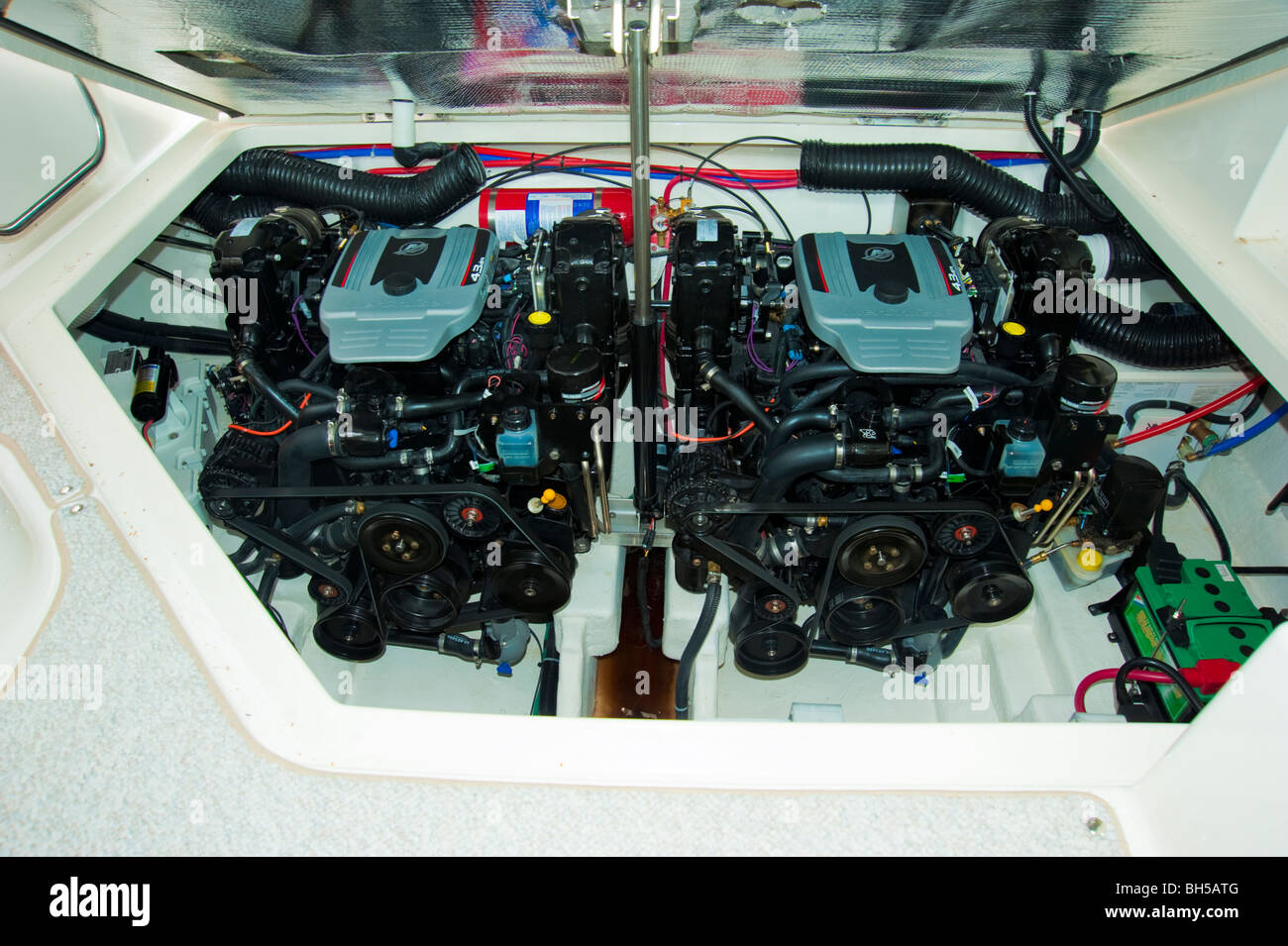 Engine room with twin Mercruiser engines of a Sea Ray 305 powerboat / yacht, 2009 model Stock Photo