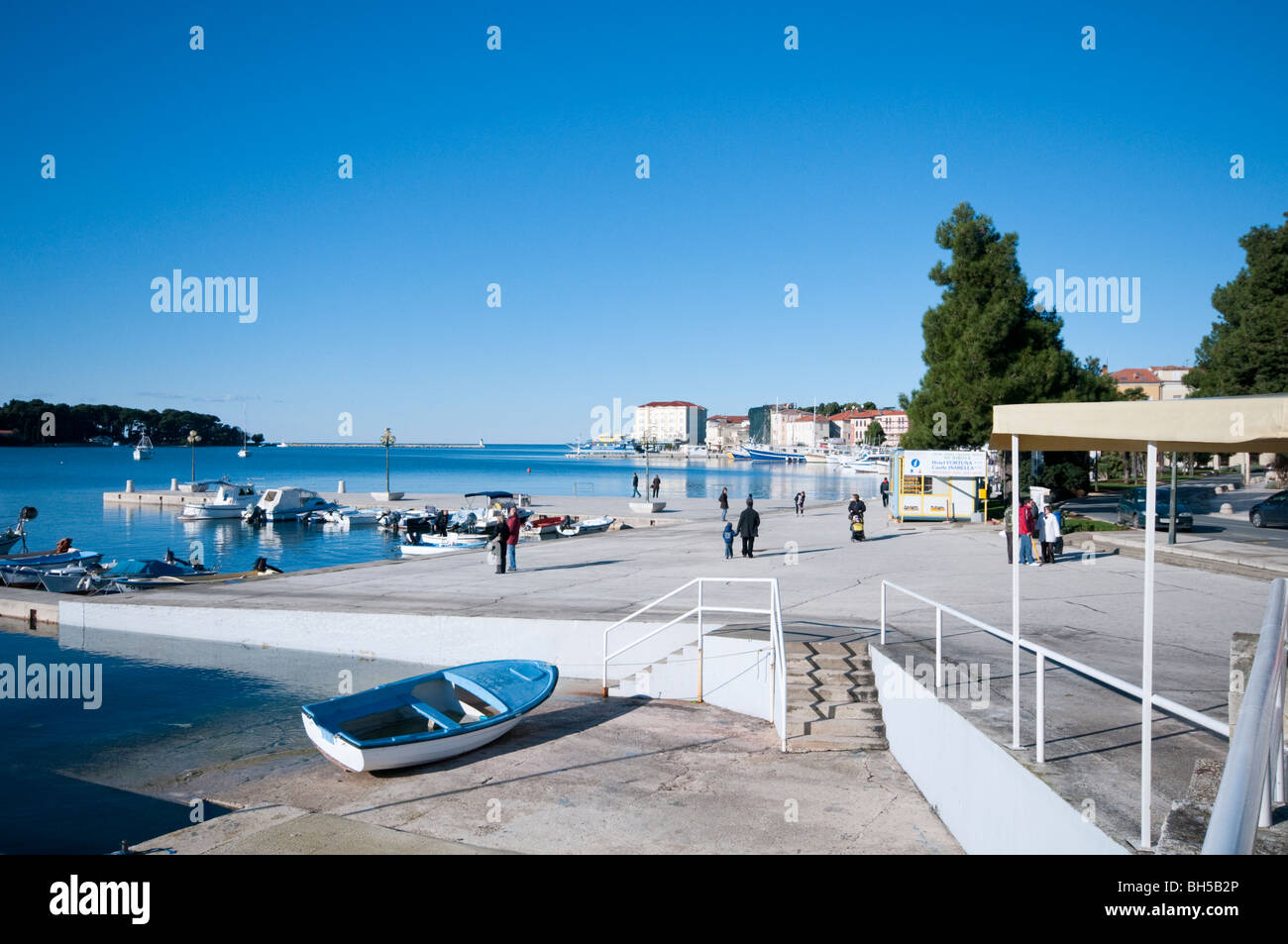 small boat in marina in Porec, city in Croatia, on north Adriatic sea Stock Photo