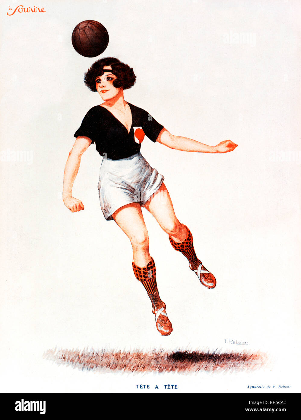 Tete A Tete, 1920s French magazine illustration of a lady footballer using her head to good effect Stock Photo