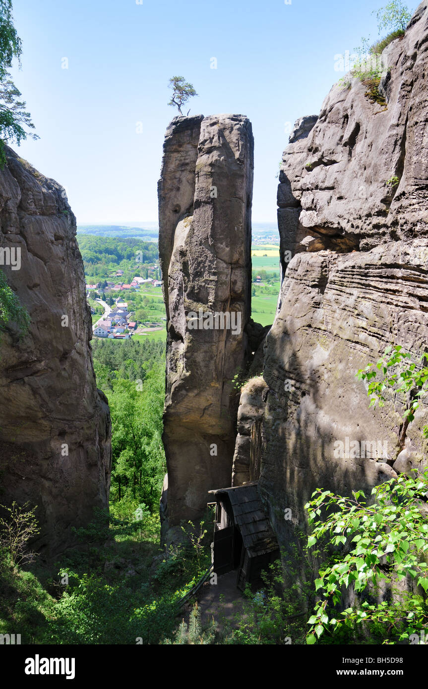 Entrance to Drabske svetnicky - ruined rock castle 4 kilometres northeast of Mnichovo Hradiště. Stock Photo