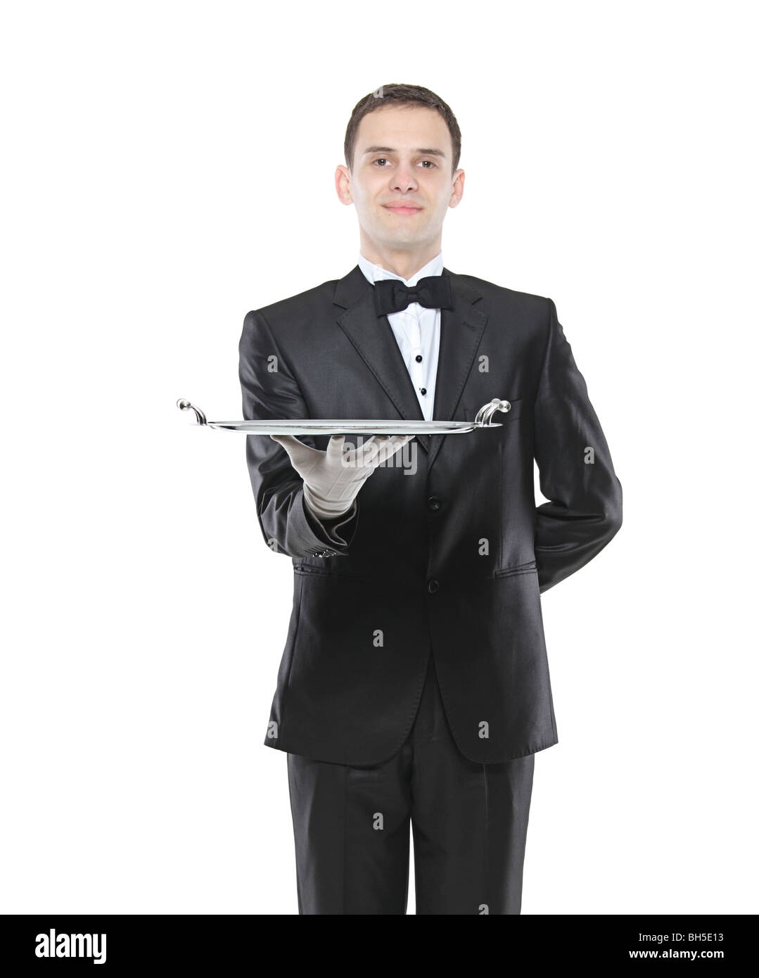 Waiter with a tray isolated on white background Stock Photo - Alamy