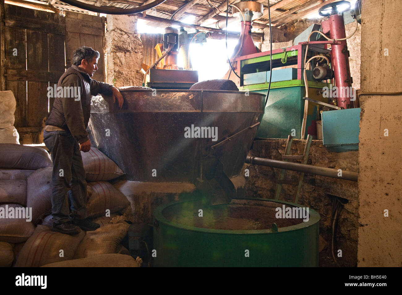 An Olive oil press in the Mani at Proastio,  Messinia, Southern Peloponnese, Greece Stock Photo