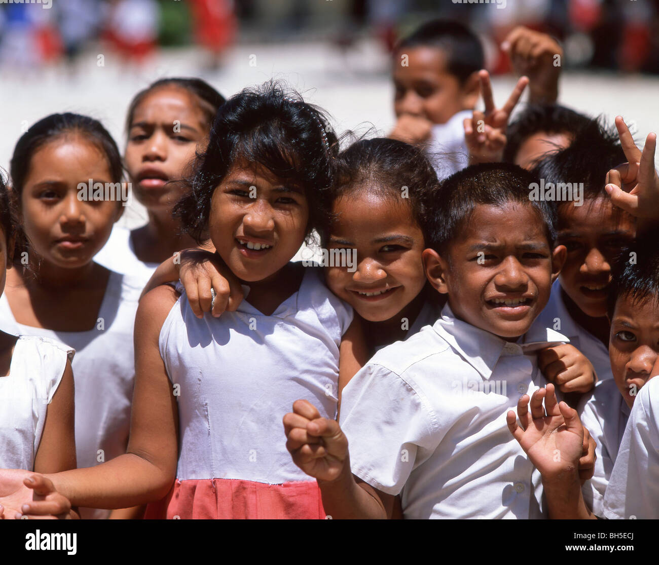 Group of Samoan school children outside classrooms, Upolu Island, Samoa Stock Photo