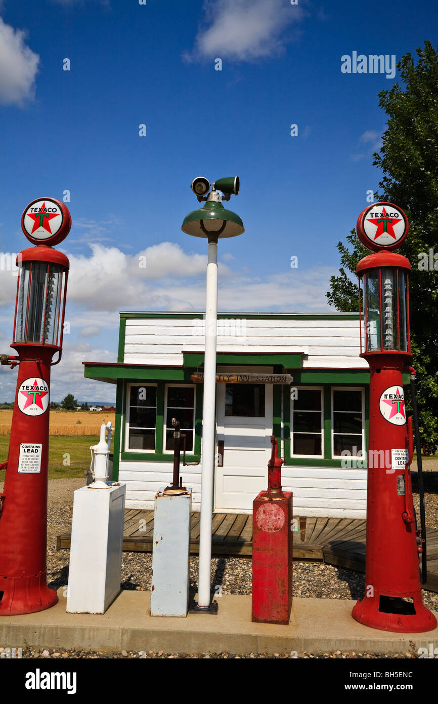 Old red petrol pumps at Big Horn County Historical Museum Hardin, Montana, USA Stock Photo