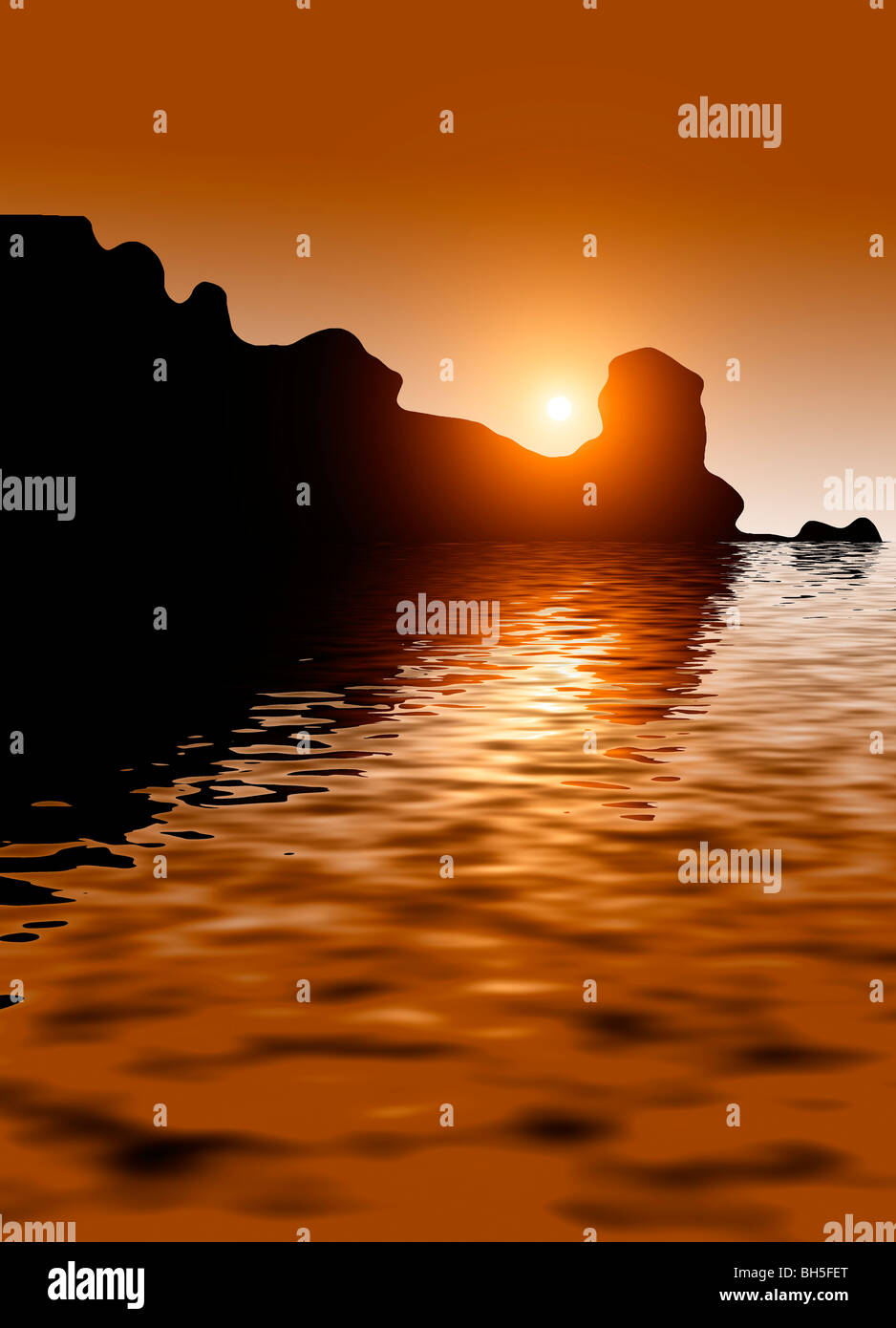 Sun reflected in prehistoric lake and huge rocks Stock Photo