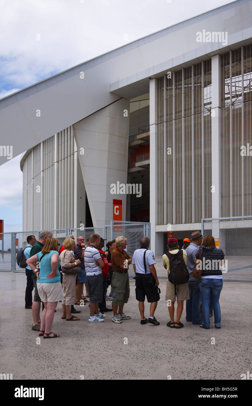 Group of sightseers on a tour of the 2010 World Cup stadium in Durban, Kwazulu Natal, South Africa. Stock Photo