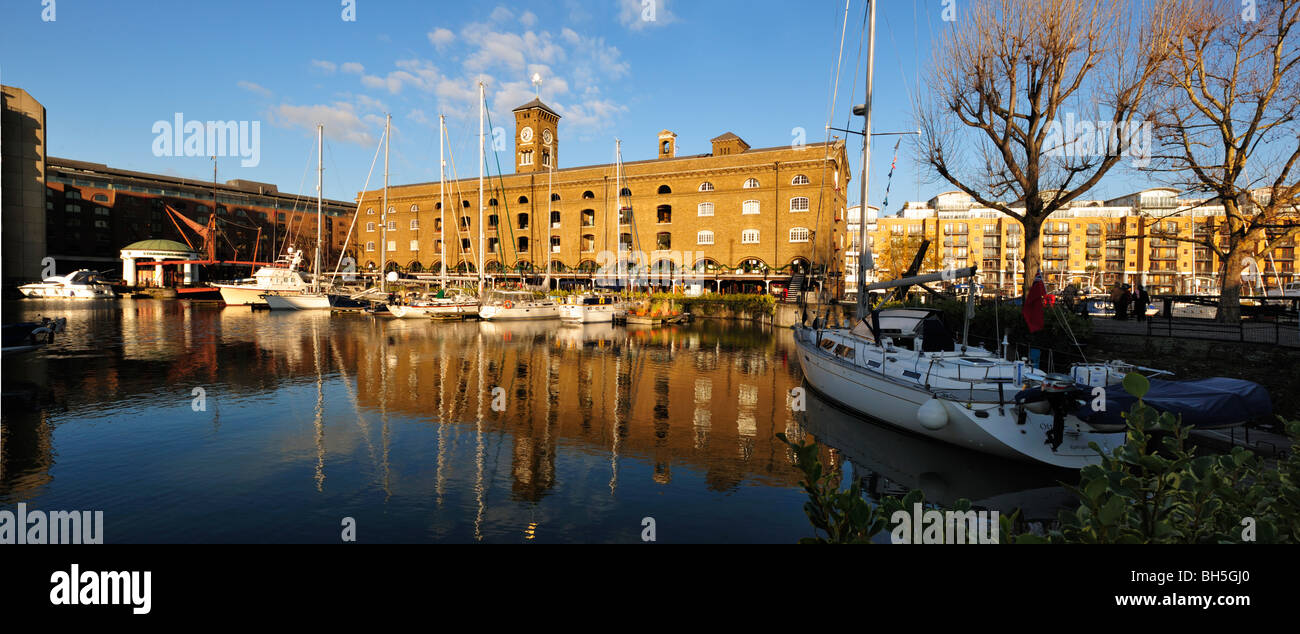 LONDON, UK - JANUARY 03, 2010:  Panorama view of  St Katharine Docks, a former dock and now redeveloped into a housing and leisure complex Stock Photo