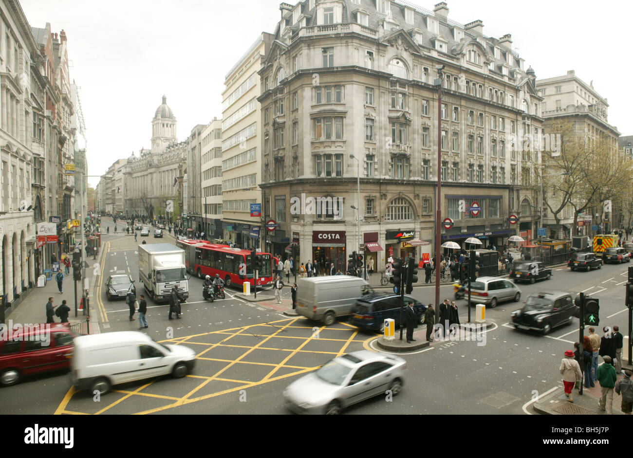 Street scene of Holborn from high looking down on central London, Uk. The junction of Kingsway