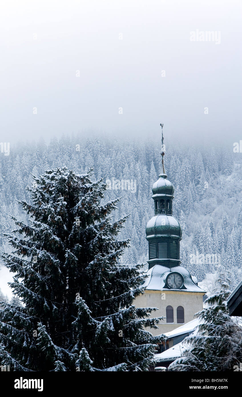 Church spire. Megève, Haute Savoie, France, Europe Stock Photo