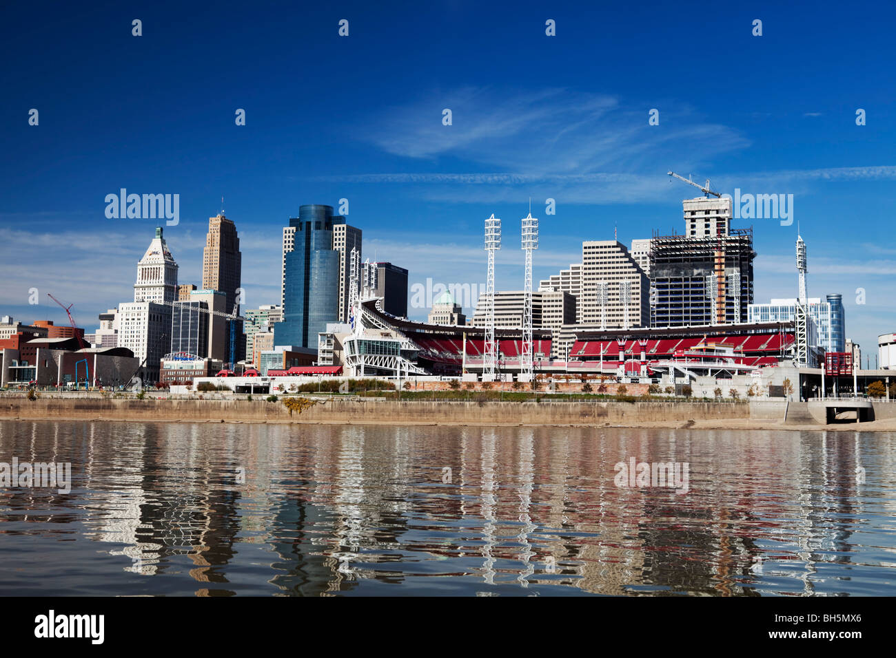 Cincinnati skyline and Paul Brown stadium as seen from the river Ohio, USA Stock Photo