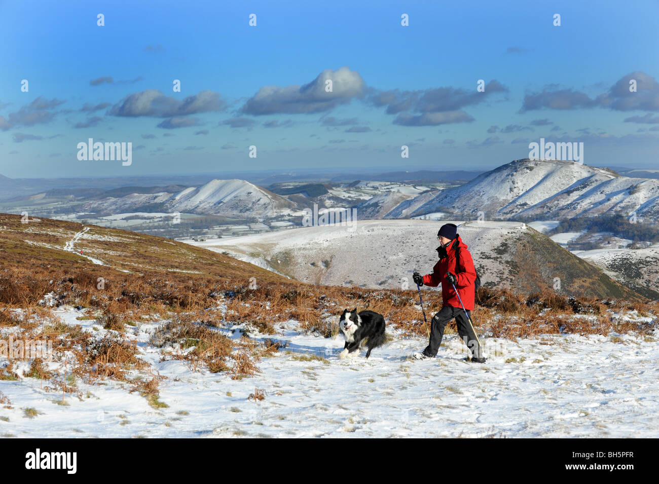 The Shropshire Hills from the Long Mynd with Caer Caradoc and The Lawley covered in Snow Stock Photo