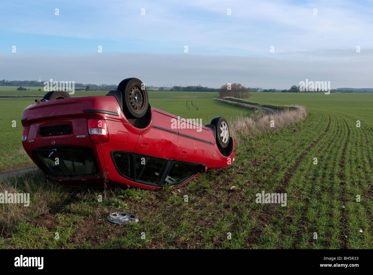Road accident scene on a country road. Stock Photo