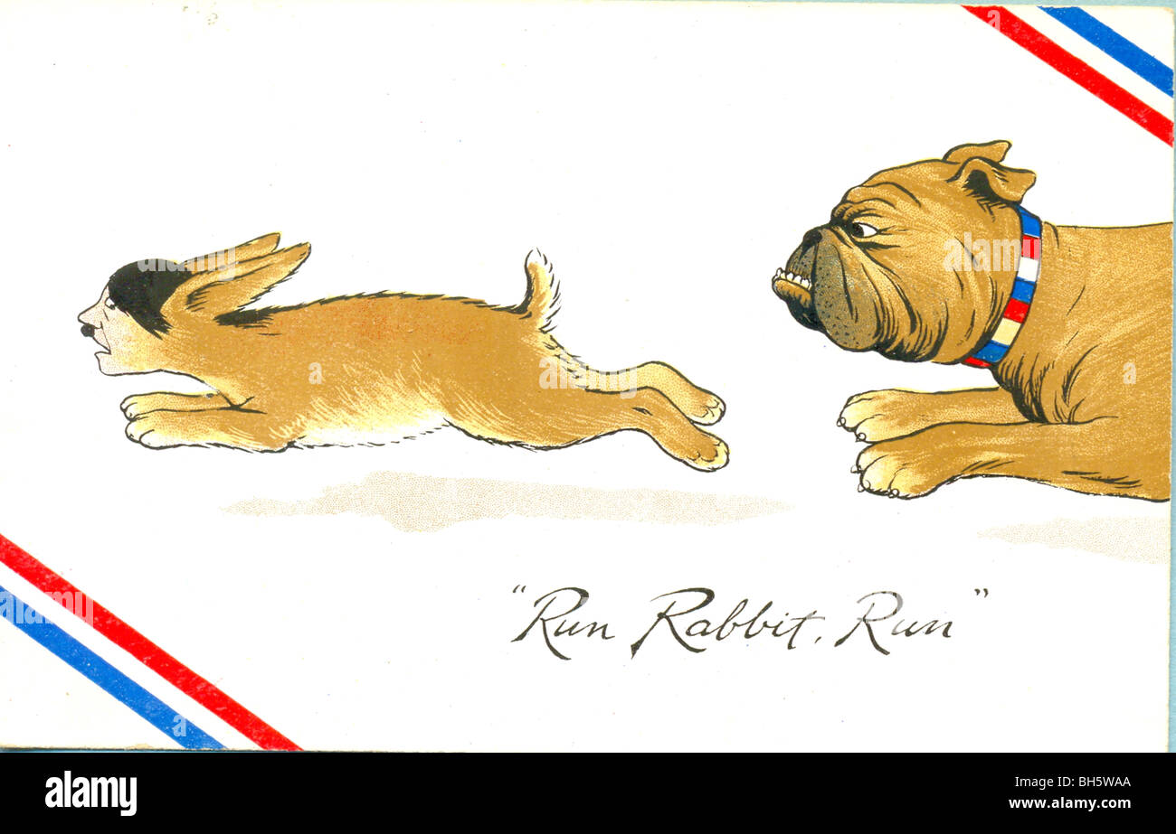 picture postcard illustrating British bulldog chasing German rabbit Stock Photo