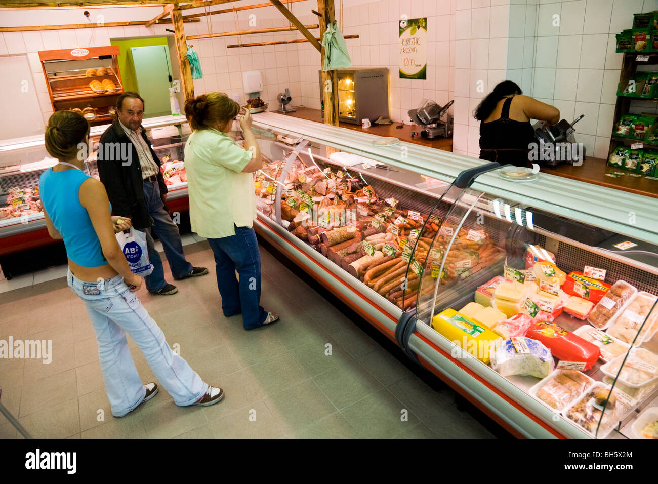 Butcher's shop interior and meat displayed in chiller in Gliwice, Upper Silesia