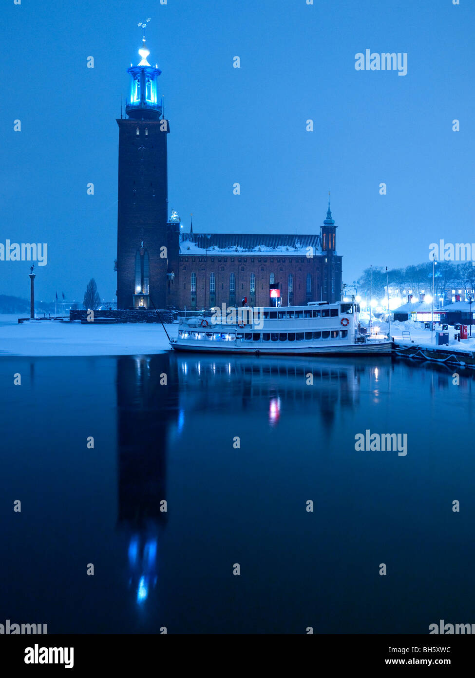 Winter view of Stockholm City Hall at night. Stock Photo