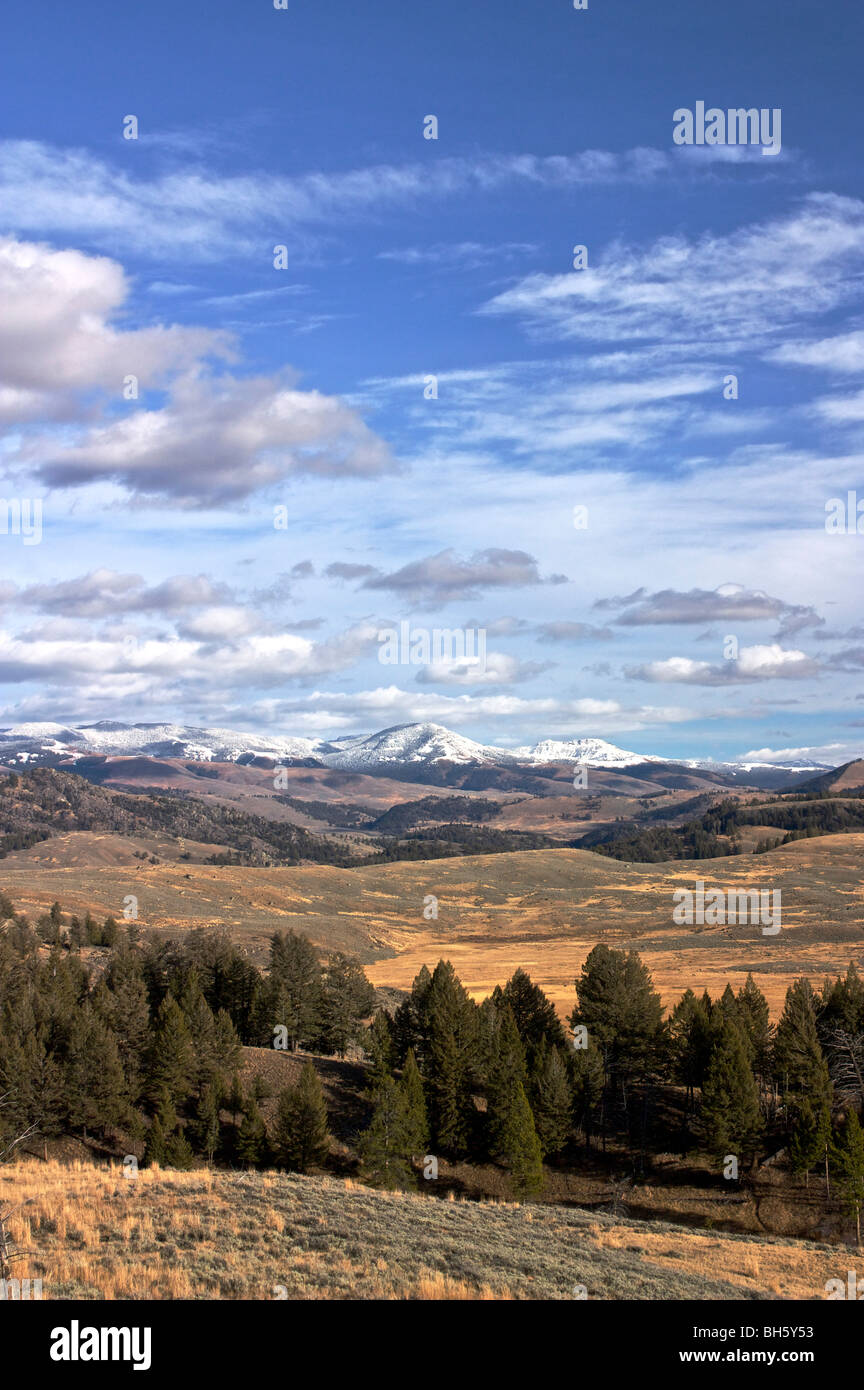 View toward Lamar Valley and Absaroka Mountains from Grand Loop Road. Yellowstone National Park, Wyoming. Stock Photo