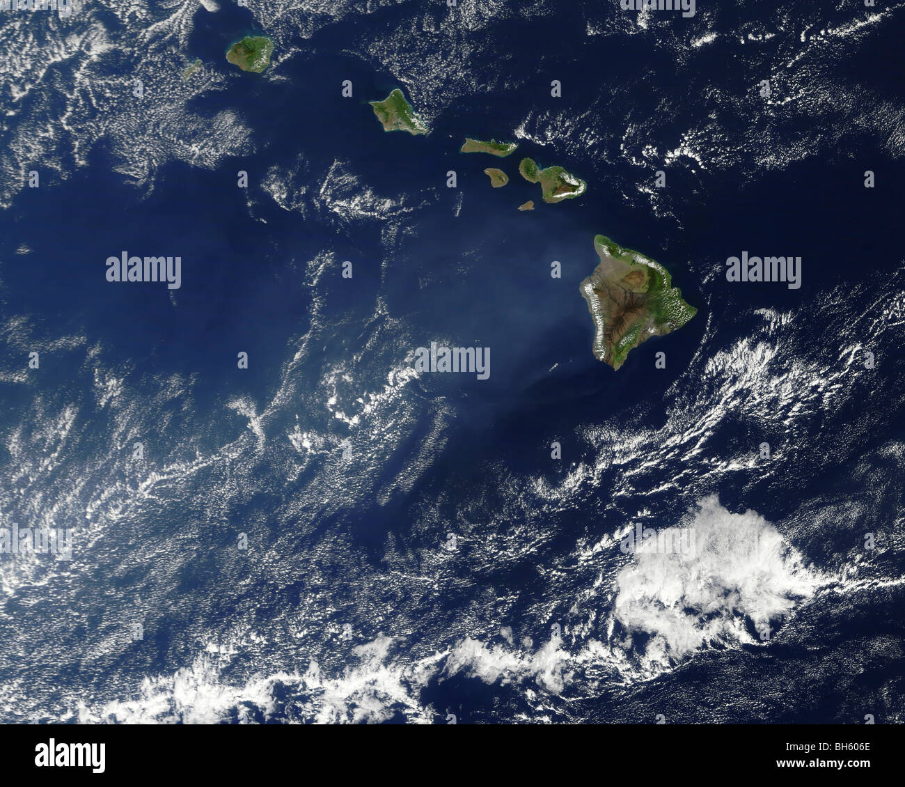 Satellite view of volcanic fog from Kilauea volcano swirling around the Hawaiian Islands. Stock Photo