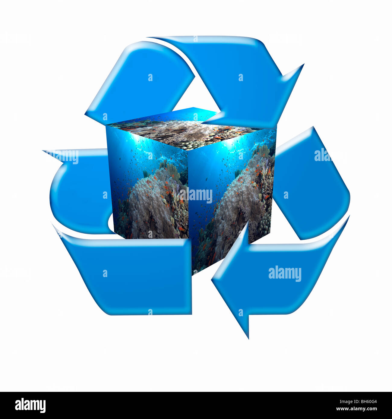 Recycle Symbol surrounding a Photograph of a Coral Reef in the shape of a Cube. Conceptual Image of Preserving the Oceans Stock Photo