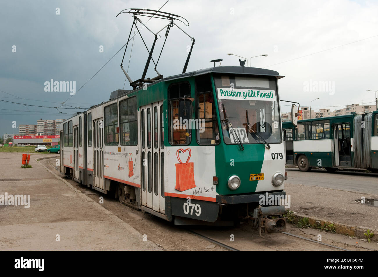 Public Tram at train station in Ploiesti Prahova Romania Eastern Europe Stock Photo